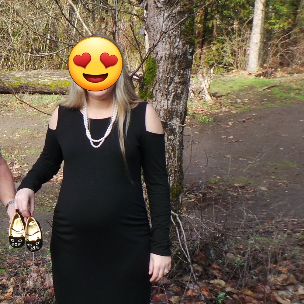 Black open shoulder maternity dress